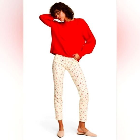 H&M Size 14‎ Red Floral Print Slim Leg Twill Stretch Pants - Picture 1 of 11